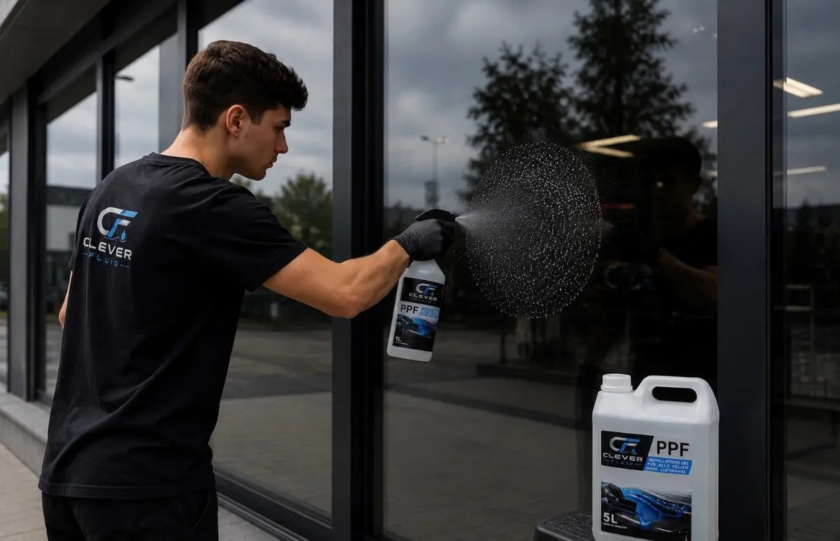 Clever Fluid wird auf eine Glasfassade gesprüht